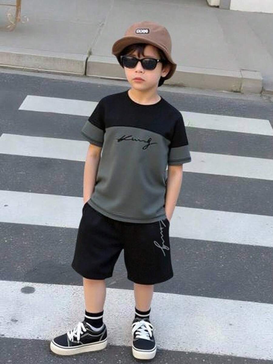 Genkimix Kids 2pcs/Set Young Boys Street Style Round Neck Short Sleeve T-Shirt + Shorts, Summer Getaway, Holiday, Travel, Relax, Sunbathing Summer Holiday - Multicolor - View 1