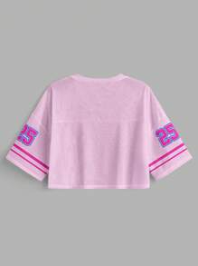 SHEIN EZwear Muchica 粉色撞色运动风格数字 25 和平图案女式休闲 V 领宽松短款 5/8 袖网眼 T 恤，适合夏季、运动游戏和活跃 - 粉色 - 查看 6