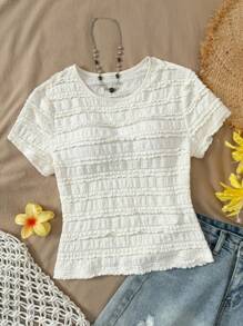 SHEIN LUNE 女式纯色圆领短袖荷叶边下摆休闲T恤，夏季 - 杏色 - 查看 1