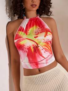 Opulessa Summer Beach Vacation Holiday Women's Floral Print Beaded Halter Neck Tie Back Tank Top - Pink - View 3