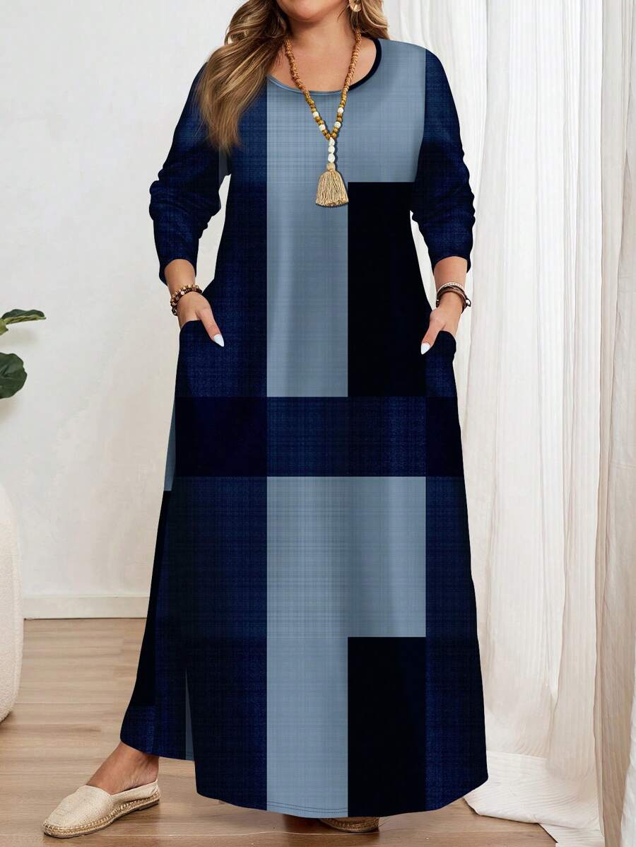 EMERY ROSE Plus Size Casual Minimalist Full Pattern Print Long Sleeve Crew Neck Dress, Suitable For Spring And Autumn Chic Dress Fall - Multicolor - View 1