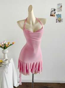 Soleia Women's Colorful Leopard Floral Print Draped Neck Tie Back Bowknot Backless Double Layer Ruffled Hem Mini Vacation Dress - Pink - View 1