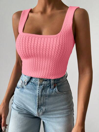 EURMUSE Women's Solid Color Minimalist Square Neck Sleeveless Knitted Top