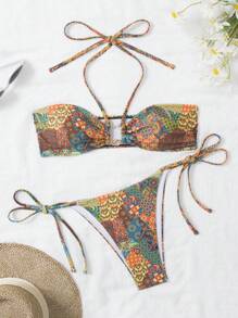 Swim Mod 2pcs/Set New Arrival Summer Spaghetti Strap Backless Stylish Side Tie Vacation Beach Bikini Set