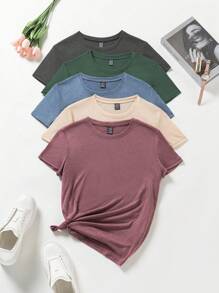 INAWLY Set de 5 camisetas de mujer de manga corta, cuello redondo, unicolor, casual de verano