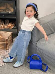 Hapijoa 女婴休闲侧开衩宽松直筒水洗牛仔裤，幼儿秋装 - 藍色 - 查看 4