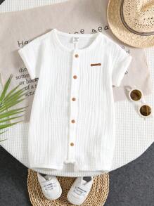 SHEIN Bộ đồ liền thân tay ngắn màu trơn thường ngày cho bé trai sơ sinh + quần short, mùa hè - trắng - Xem 4