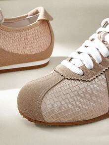 CUCCOO EASI 女士拼色圆头平底运动鞋，休闲时尚舒适 PU 皮革卡其色运动鞋，适合日常和户外穿着