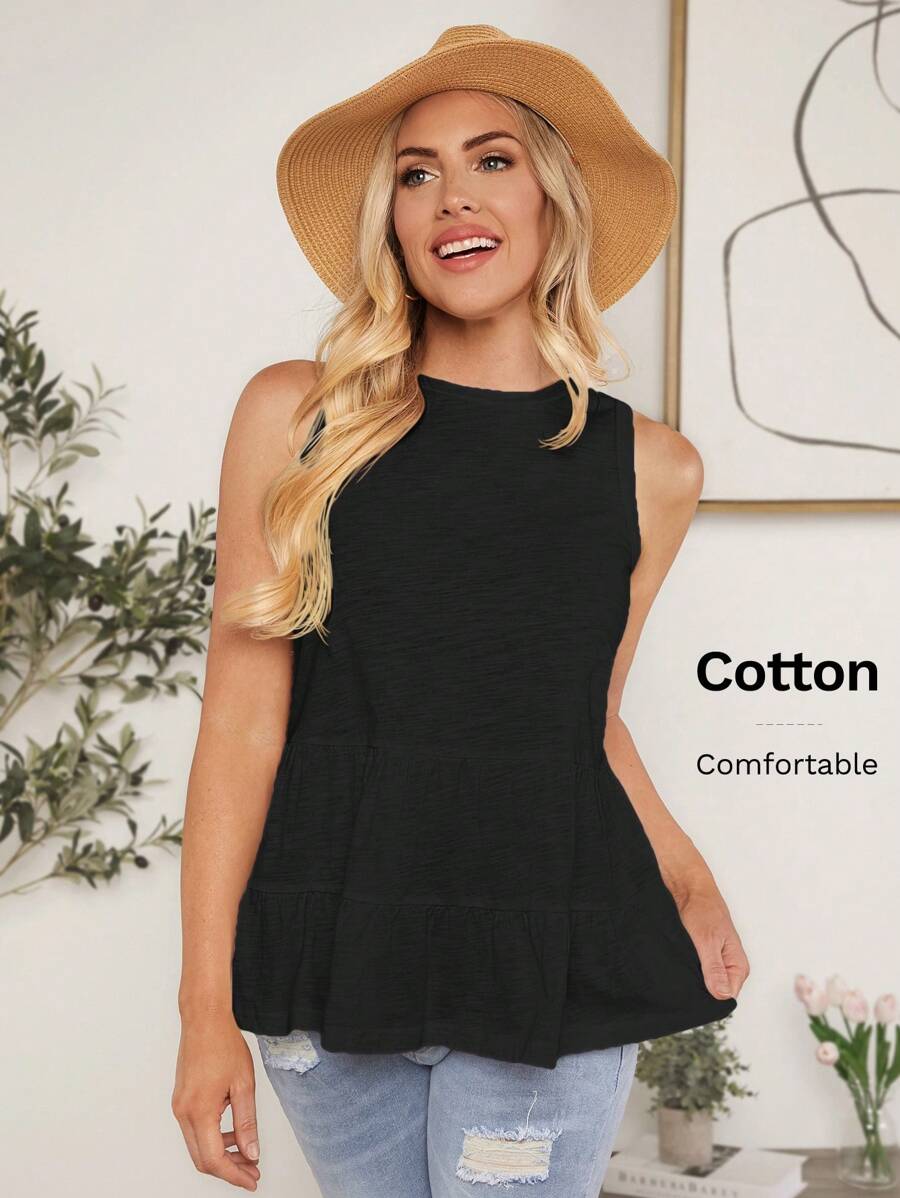 SHEIN LUNE Ladies" Simple And Casual Summer Camisole With Ruffled Hem - Black - View 1
