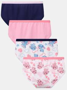 4件装女童可爱兔子和爱心印花拼色柔软舒适内裤