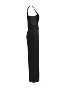 Women's Two-Piece Set Of Solid-Color T-Shirt And Pants, Casual For Spring/Summer - Black - View 3