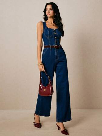 Poéselle 女式纽扣前口袋休闲无袖牛仔连体裤