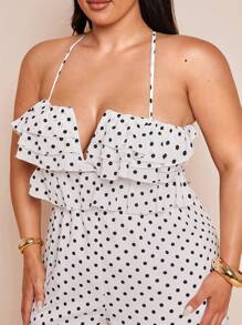 SHEIN BAE Macacão Elegante de Bolinhas Pretas com Babados em Camadas Tamanhos Grandes para Mulheres, Uso Casual Diário, Primavera/Verão - Branco - Visão 7