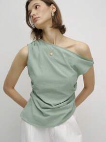 Airaco Damen Sommer Bluse mit asymmetrischem Ausschnitt, plissiert, Einfarbig, Lässig - Grün - Übersicht 4