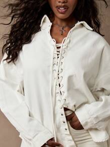 MISSGUIDED Áo khoác denim buộc dây phong cách phương Tây cỡ lớn thời trang thu đông corset cài nút phía trước phong cách đường phố cũ kỹ dài tay màu trắng - trắng - Xem 3