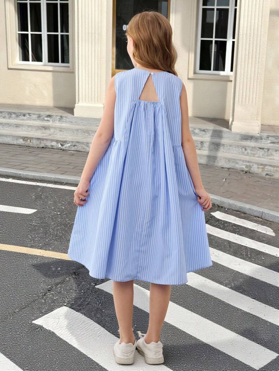 SHEIN Serisse Kids Vestido suelto y casual para niña preadolescente con cuello redondo, sin mangas, de unicolor y espalda abierta