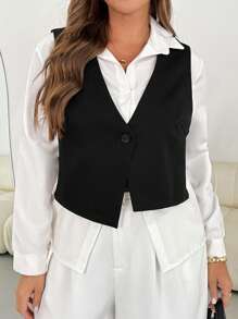 SHEIN Essnce 大码女式夏季西装马甲，黑色休闲西装外套，黑色马甲，女士商务休闲装，女士夏季服装商务休闲女士外出上衣女士 - 黑色 - 查看 2