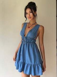 Aloruh 女士牛仔无袖迷你连衣裙，休闲修身，蓝色 - 藍色 - 查看 8