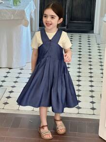 DAZY Young Girl' Casual Washed Forest Series Strap Loose Jumper Dress,Girls Summer Outfits - Navy Blue - View 3