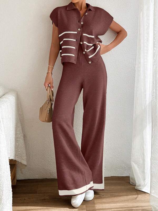 RueChic Set de 2 piese pentru femei, cu dungi, la un singur rând de nasturi, cu mânecă scurtă și pantaloni lungi, cardigan tricotat, model liliac