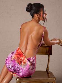 Hauture Women's Sexy Leopard Print Floral Backless Strap Mini Dress, Summer - Hot Pink - View 6