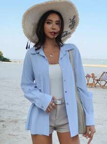 DAZY 休闲条纹宽松女式衬衫，夏季、秋季女装长袖上衣度假穿搭 - 藍色 - 查看 7