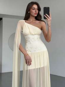 Aloruh New Asymmetric Shoulder Net Yarn Embroidered Ruched Flowy Band Fitting Elegant Luxurious Charming Party Dress For Women - Apricot - View 6