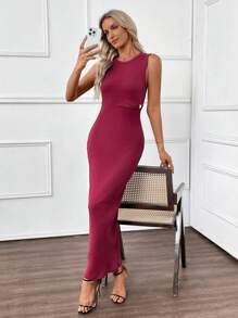 SHEIN LUNE Vestido de fiesta de verano para mujer, ajustado y de un solo color, sin mangas - Rojo - Ver 9