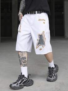 Manfinity EMRG Pantalones cortos vaqueros informales con diseño gráfico y rotos de ajuste holgado para hombres, ideal para el verano - Blanco - Ver 4