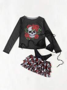 Swim EVENT 2025 New Printed Gothic Skull Mesh Cover-Up & Random Flounce Double Layer Skirt & Solid Color Bikini 4 Piece Swimwear Set, Fashionable Dark Style For Women For Beach Vacation, Halloween - Multicolor - View 7