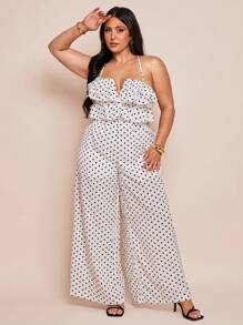 SHEIN BAE Macacão Elegante de Bolinhas Pretas com Babados em Camadas Tamanhos Grandes para Mulheres, Uso Casual Diário, Primavera/Verão - Branco - Visão 3