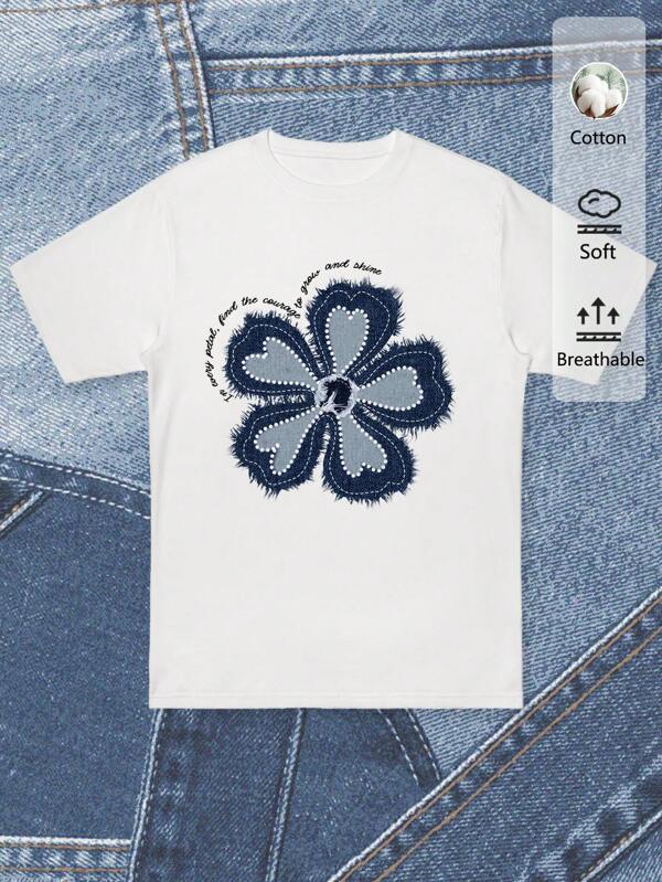 Tseoso Casual Minimalist Denim Hibiscus Floral Print Cotton-Blend Women T-Shirt, Suitable For Spring/Summer