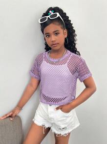 SHEIN Áo thun thể thao tay ngắn cổ tròn lưới đan thời trang dạo phố cho bé gái tuổi teen - Màu tím hoa cà - Xem 6