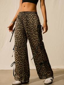 Easelle 秋冬女士豹纹蝴蝶结抽绳宽松休闲运动裤