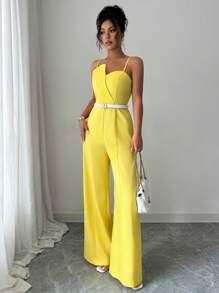 Elenzga Women's Solid Color Wrap Front Sleeveless Jumpsuit With Wide Leg, Elegant For Commuting And Daily Wear - Yellow - View 3