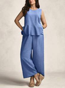 Zelara Plus-Size Women'S Summer Blue Mother's Day Crew Neck Sleeveless Top + High-Waisted Slacks Nautical Casual For Women 2-Piece Set - Blue - View 3