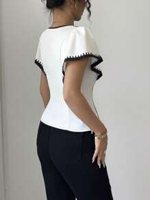 Selianne 女式花卉印花荷叶边下摆短袖修身衬衫