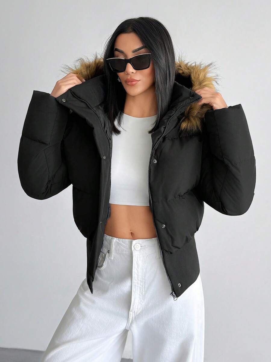 EURMUSE Women Short Fake Fur Hooded Rib Belt Winter Padded Coat - Black - View 1