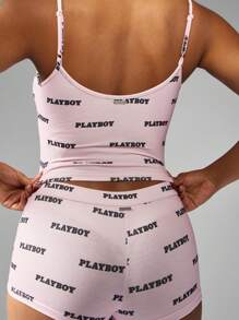 Missguided x Playboy AOP 印花夏季套装吊带背心搭配短款家居服夏季 - 粉色 - 查看 3