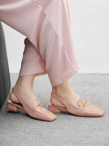 CUCCOO BIZCHIC 卡其色链条带低跟方头露跟平底鞋，时尚通勤、约会、派对、节日穿着