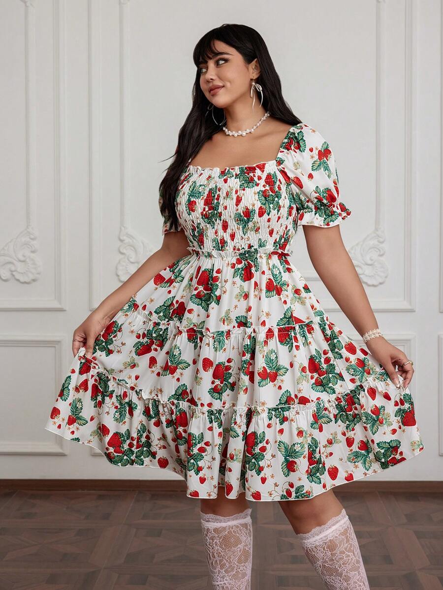 Flirla Plus Size Women Floral Print Puff Sleeve Fashionable Mini Dress - Multicolor - View 1