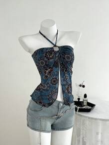 Elamini Maiou de damă cu imprimeu floral albastru vintage, cu guler halter, stil vacanță de primăvară/vară - Multicolor - Vizualizare 4