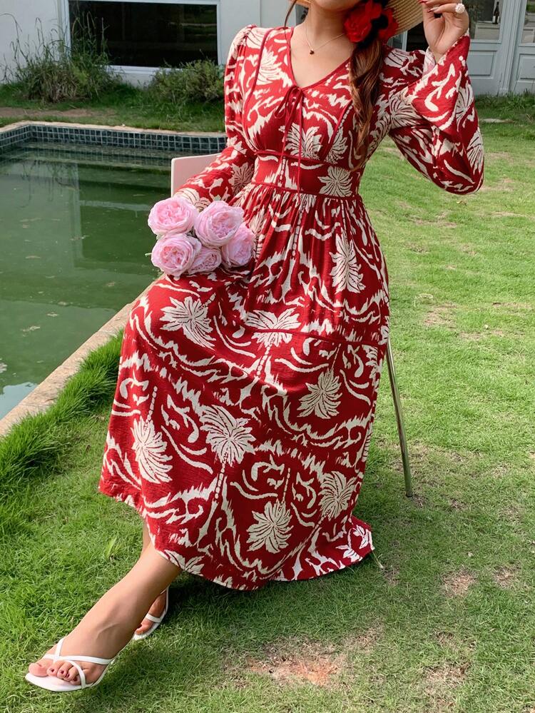 Dazy Plus Plus Size Floral All-Over Print Bodycon Dress, Vacation Style, Red Color, Fall Dress Long Sleeve Dress Boho
