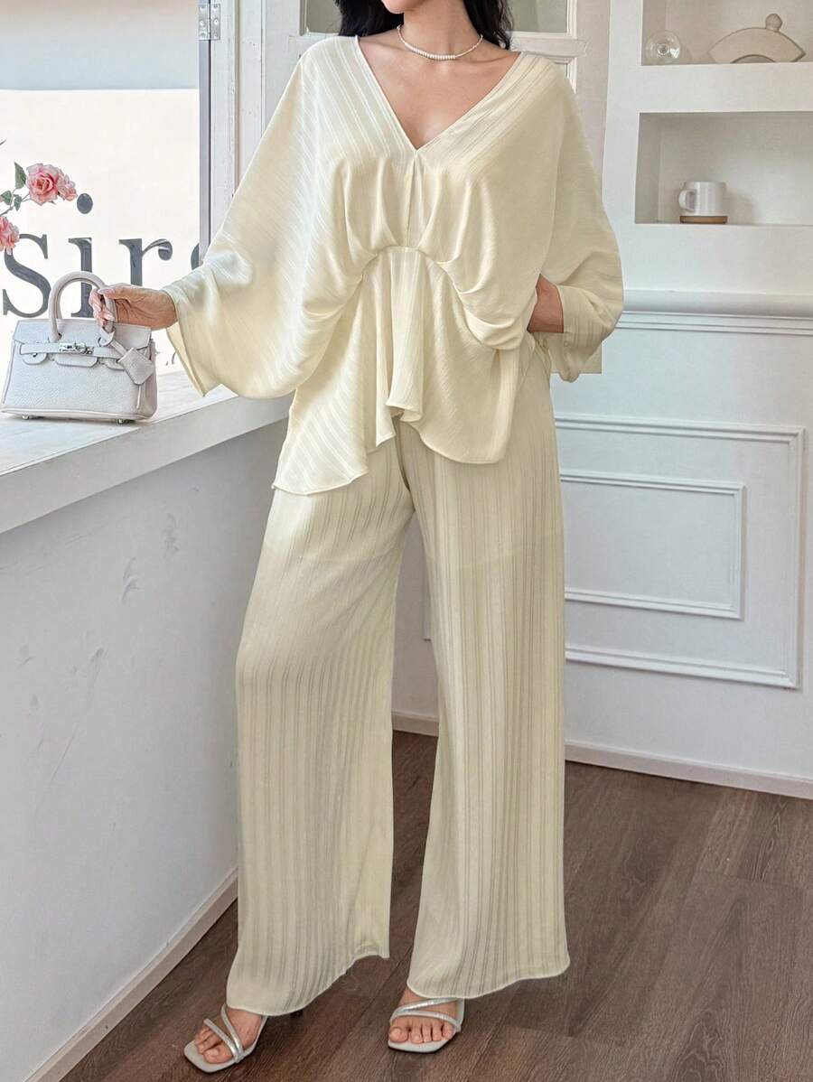 DAZY 2pcs/Set Women Summer V-Neck Ruffle Trim Blouse And Loose Casual Long Pants Leisure Outfit,Back To School Clothes