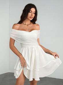 SHEIN Tall 女士纯色露肩交叉领腰部 A 字下摆迷你连衣裙时尚优雅 Y2K 适合约会、外出和夏季旅行 - 白色 - 查看 4