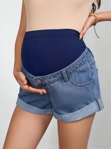 SHEIN Maternity Solid Color Pocketed Casual Versatile Denim Shorts, Summer - Medium Wash - View 5