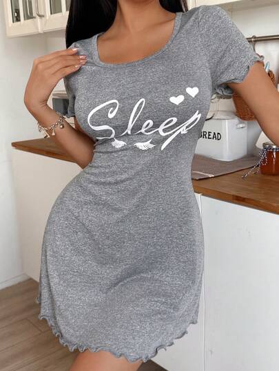 Love Letter Print Short Sleeve Sleep Dress, Ins view 6
