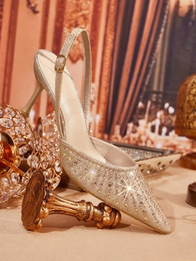 CUCCOO TILAWA Zapatos de tacón alto y sin talón con puntera puntiaguda, con adornos de cristales, en color champán, para fiestas y eventos