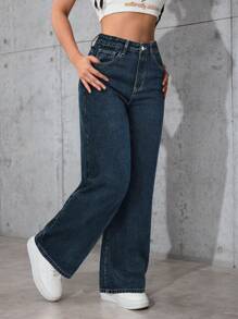 SHEIN PETITE 女式宽松喇叭牛仔裤，带口袋，休闲百搭 - 藍色 - 查看 4