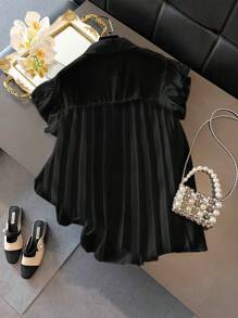 Franclia 大码都市休闲盖袖荷叶边纽扣女式衬衫 - 黑色 - 查看 2